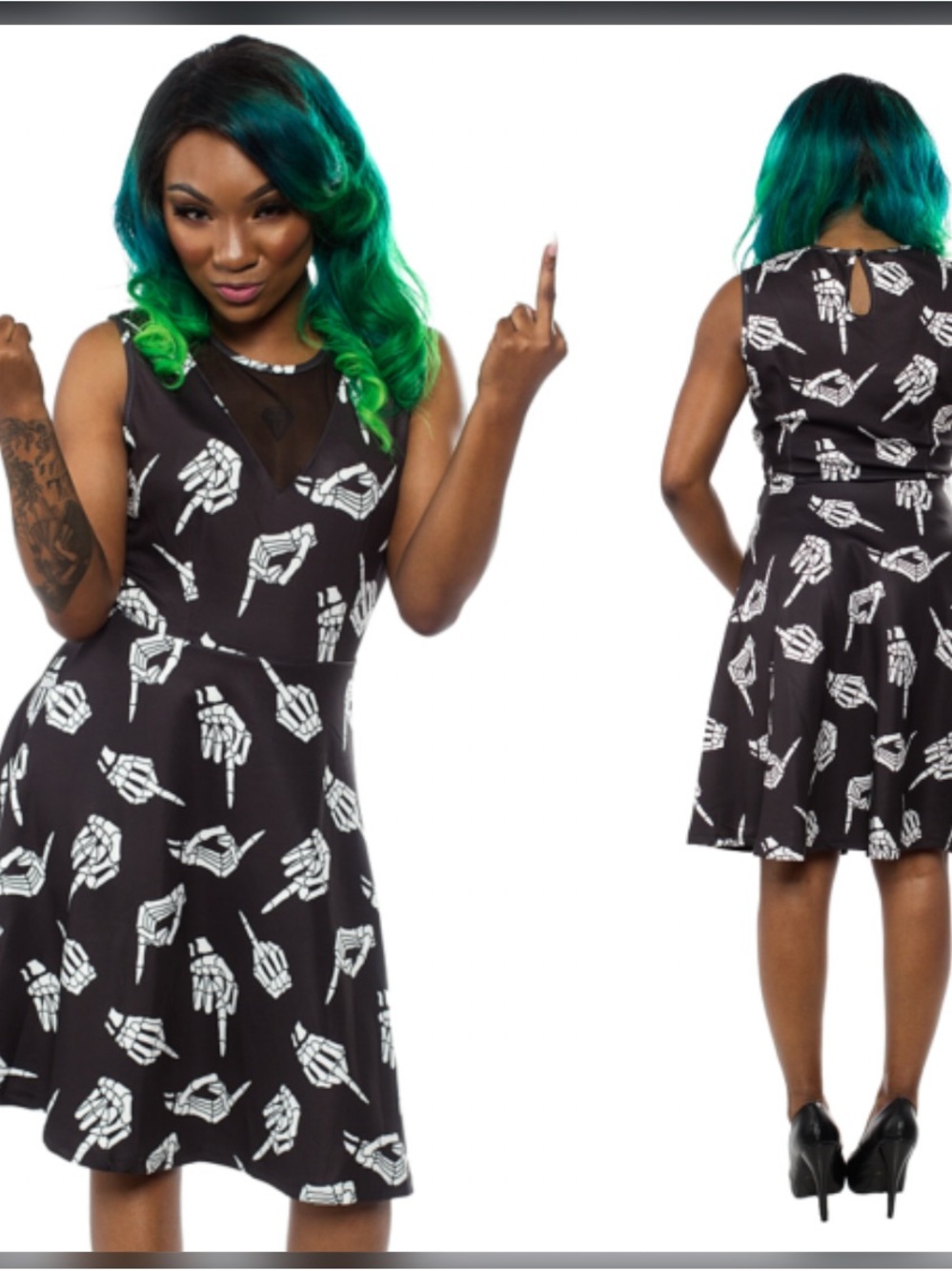 Sourpuss Black Dress with White Skeleton Hand Print